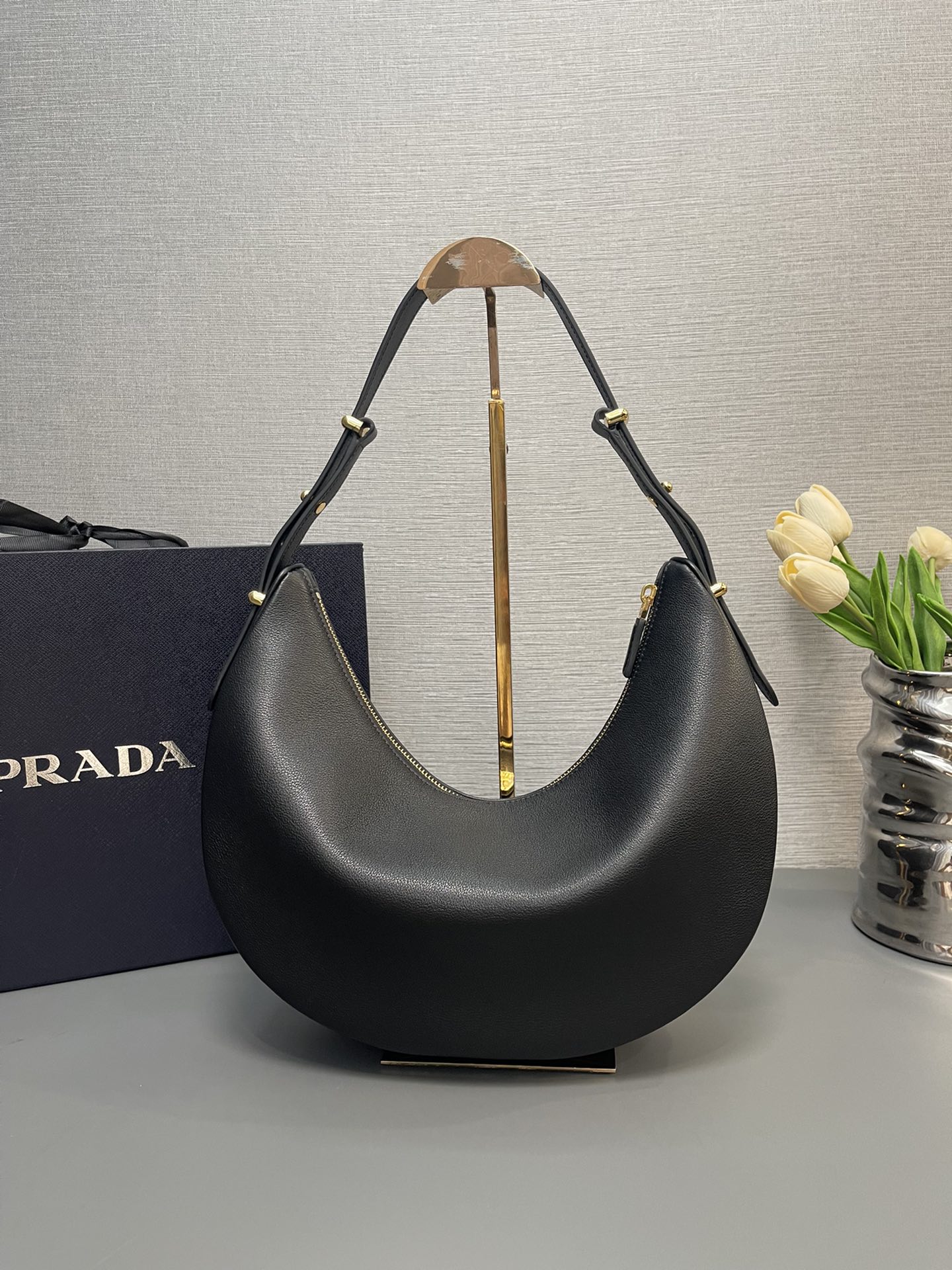 Prada Large Classic Hobo Arque Leather Shoulder Bag Black 1BC212